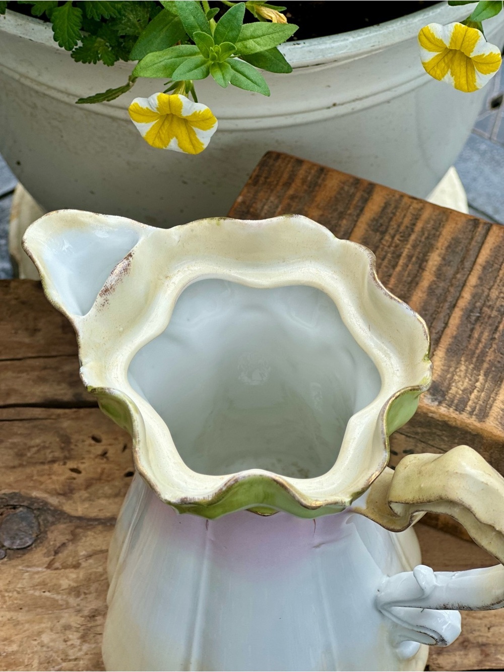 Antique Art Nouveau Floral Pitcher Pink  and Green Lily Blossom Form 1900 1920 - Picture 3 of 11